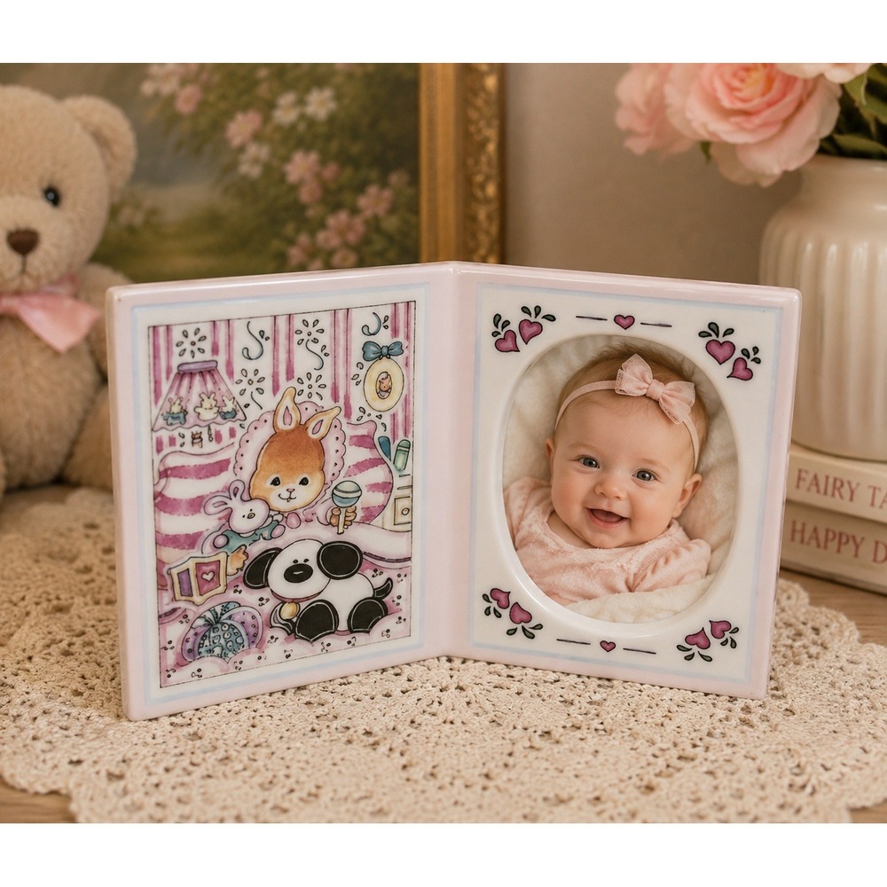Vintage 1993 Roman Inc Ceramic‎ Folding Picture Frame Bunny Panda Nursery Pink